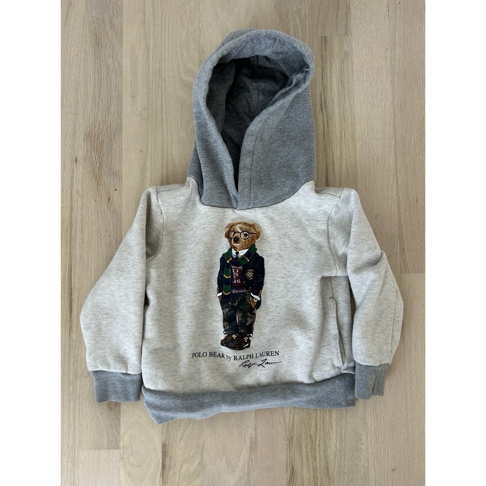 POLO RALPH LAUREN Bear Graphic Gray Cotton Blend Pullover Hoodie Sweatshirt 3T